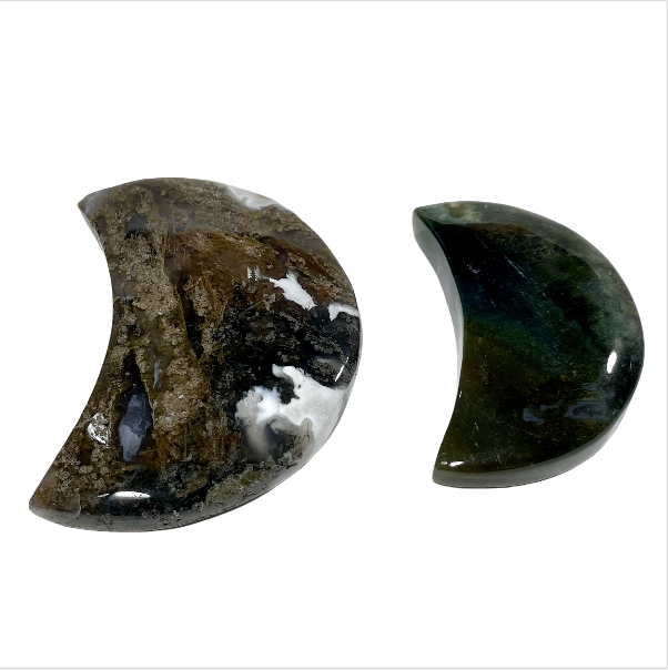 Moss Agate Moon Shape Crystal Natural Stone Gem Mining Chakra Balancing Reiki Healing Crystal Mystery Crystal Display Crystal Shopping Online Home Office Decor From IG Crystal