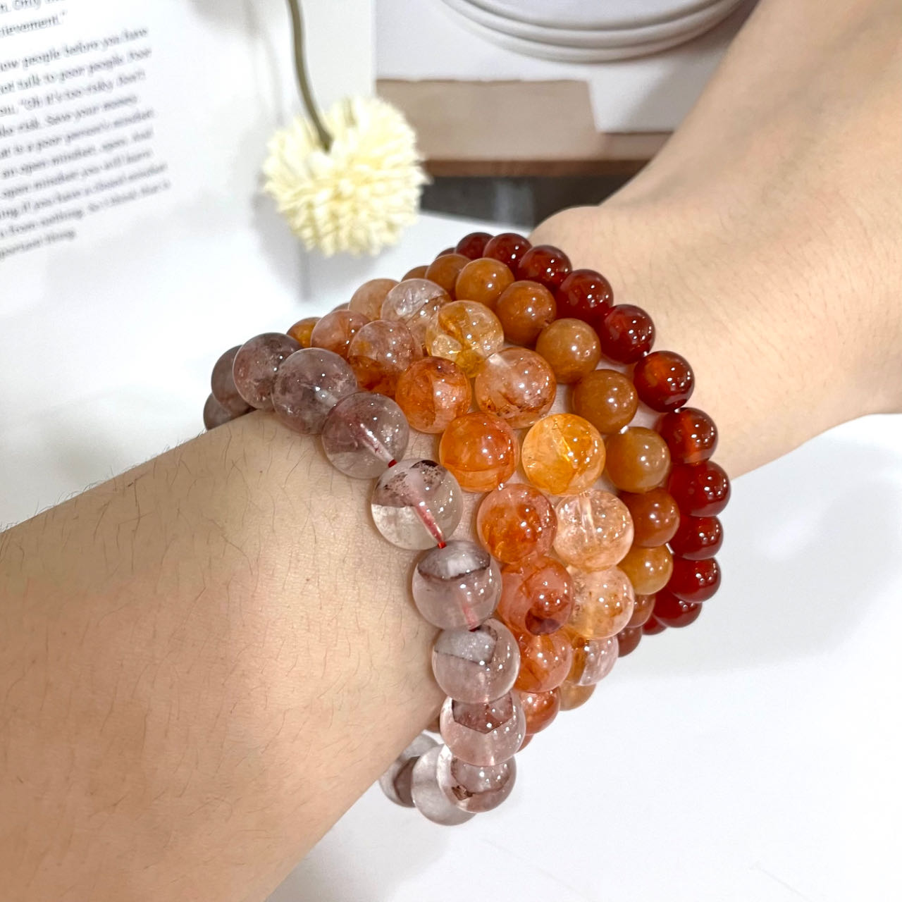 5PCS Red Crystal Bracelets Set Morganite Citrine Cooper Rutile Fire Quartz Red Pyramid From IG Crystal