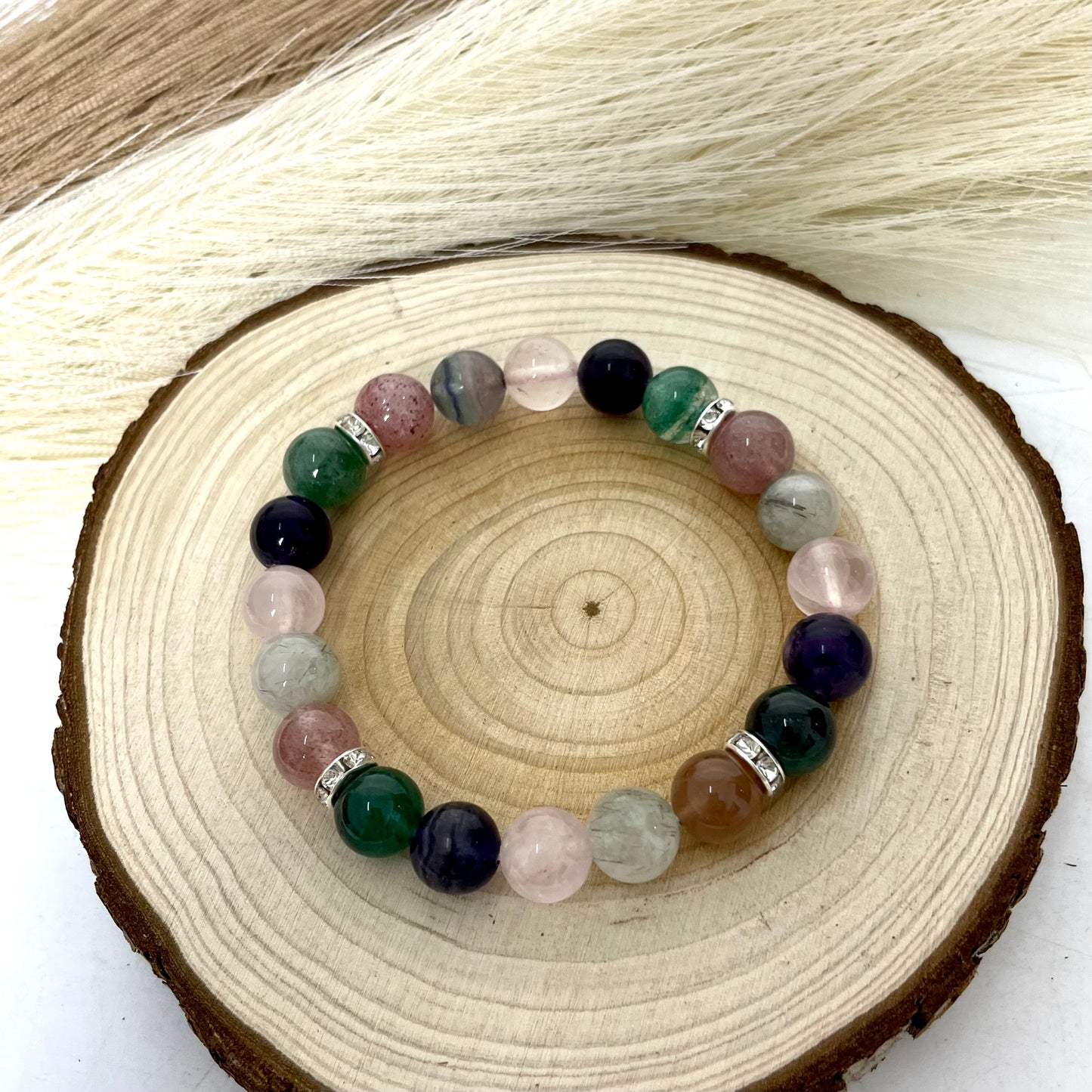 3 Counts Crystal Bracelets 9~10mm Amethyst Rose Quartz Rutile Strawberry Quartz Fluorite Natural Crystals Healing Crystals Bracelet for Women and Men Teens Crystal Jewelry Shop Pretty Crystals From IG Crystal