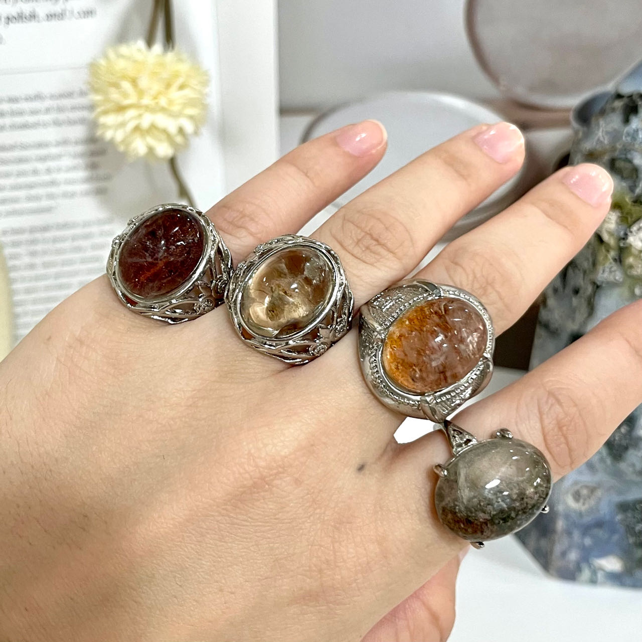 Stochastic 2PCS Rings Citrine Green Rutile Clear Quartz Rose Quartz Prehnite Ocean Jasper Larimar Amazonite Peridot Amethyst From IG Crystal