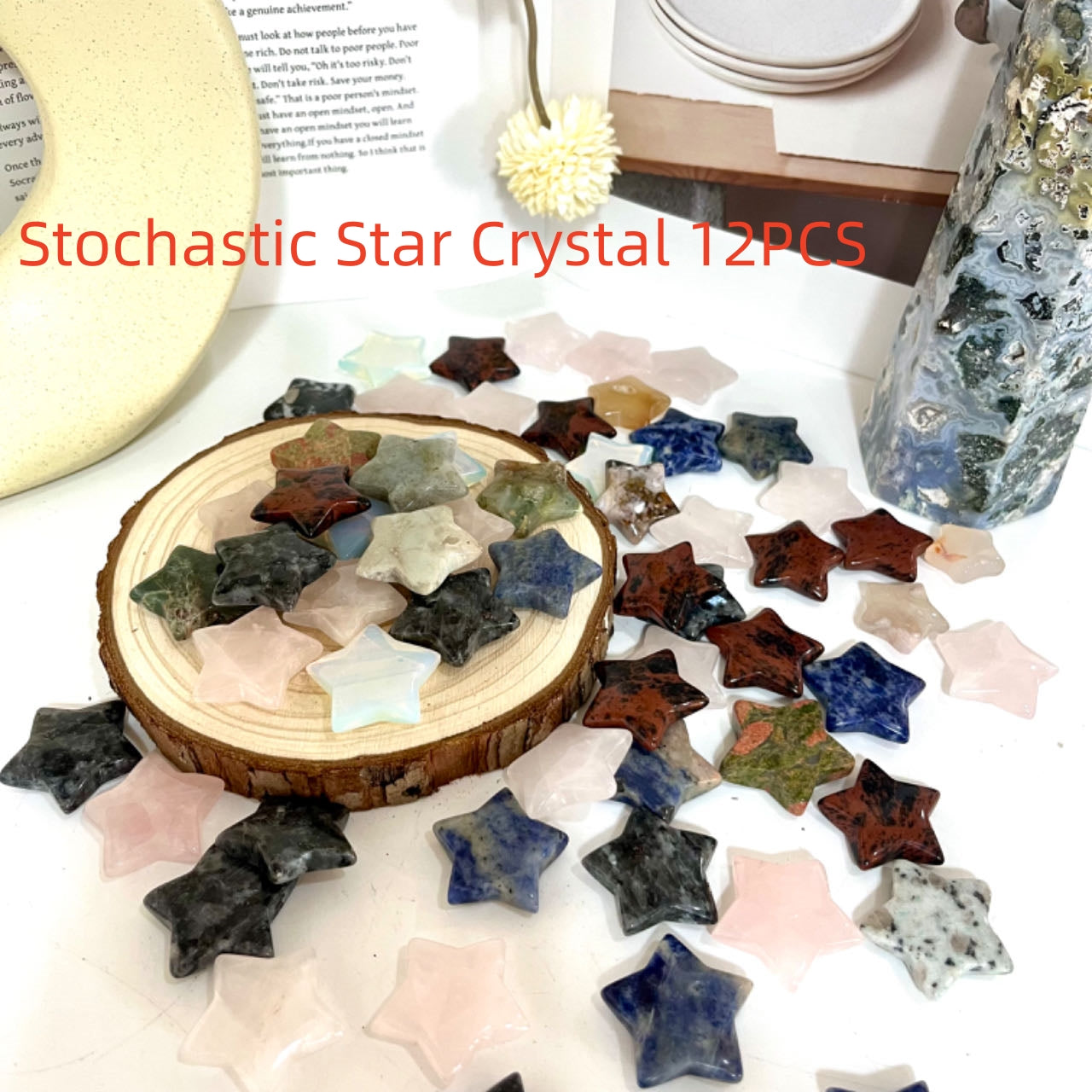 12PCS Different Maerail 3cm Moon & Star Crystal Set Tiger Eyes Pink Opal Green Flourite Yellow Flourite Clear Quartz Citrine Dream Amethyst Sodalite Rose Quartz From IG Crystal