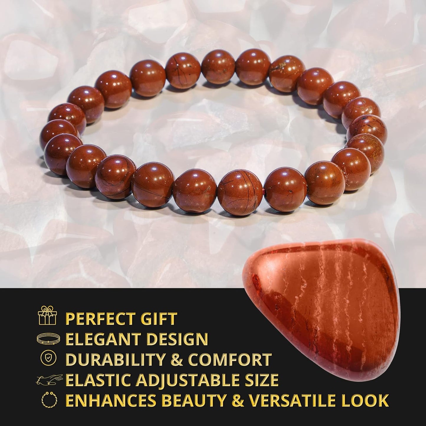 5 Counts Red Jasper Crystal Bead Bracelet – Healing Crystal Bracelet for Women and Men – 8mm Round Beaded Bracelets for Men and Women – Unisex Elastic Adjustable Size Gemstone Bracelet for Healing, Protection From IG Crystal