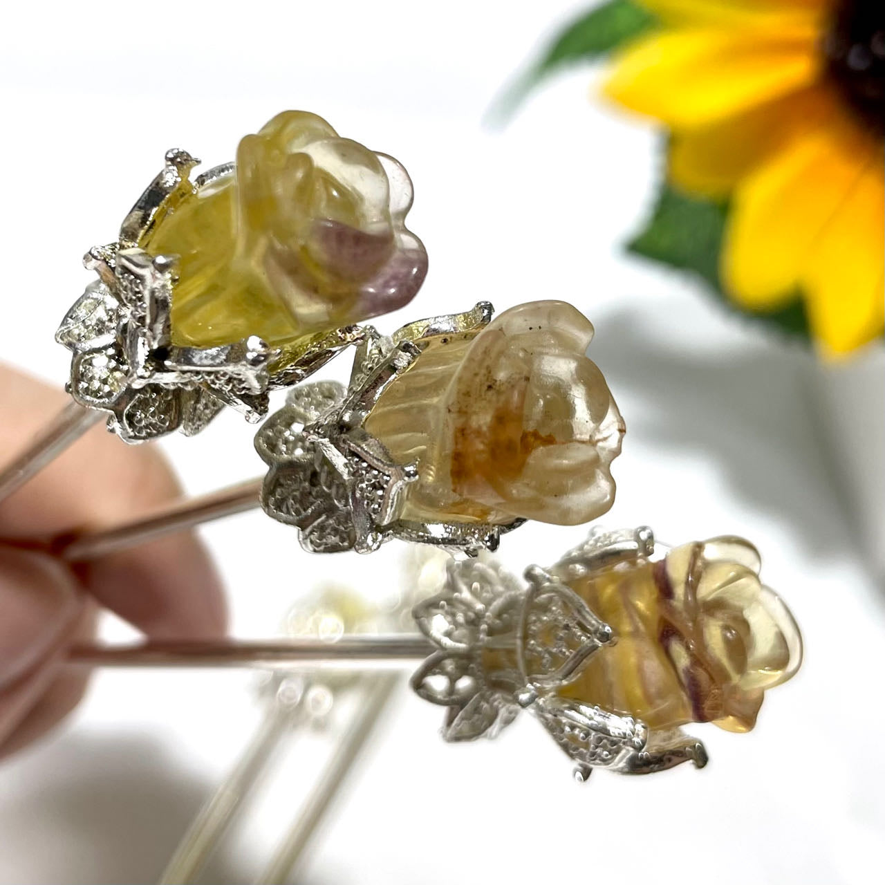 6 Counts 14CM Fluorite Flower Hairpins Silver Metal Hair Sticks Pins Chinese Hanfu Asian Flower Hair Chopsticks Hair Bun Updo Holders Long Hairpins for Women Girls From IG Crystal
