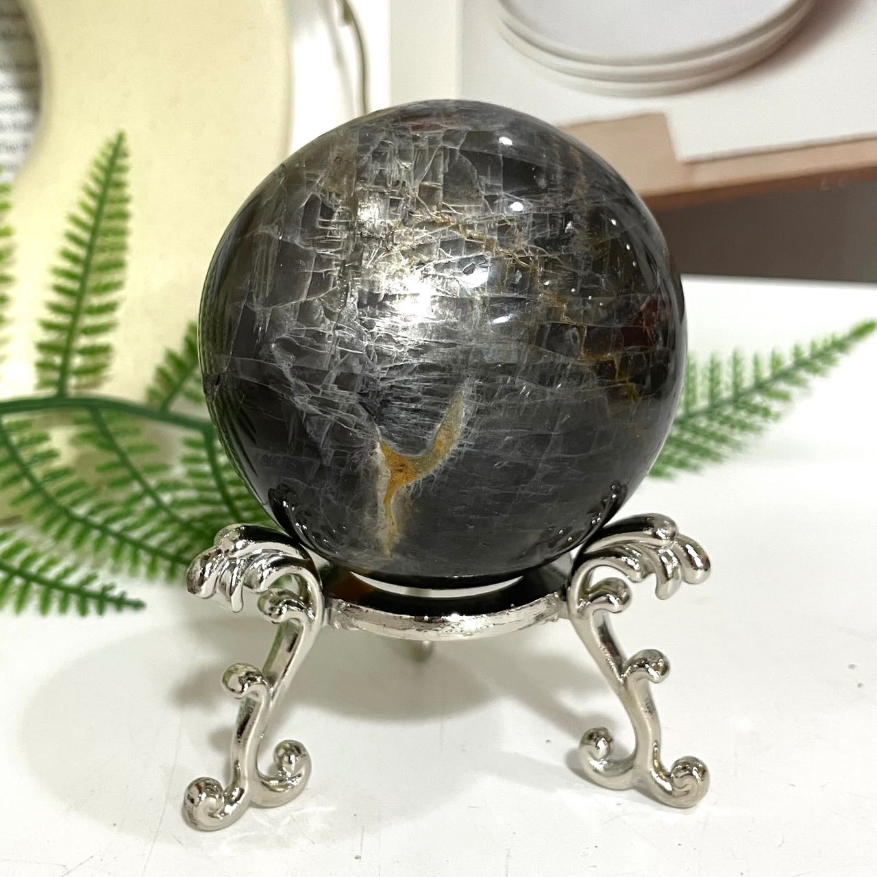 Moonstone Labradorite Ball 60~70mm With Silver Stand Set Healing Stone Home Decoration From IG Crystal