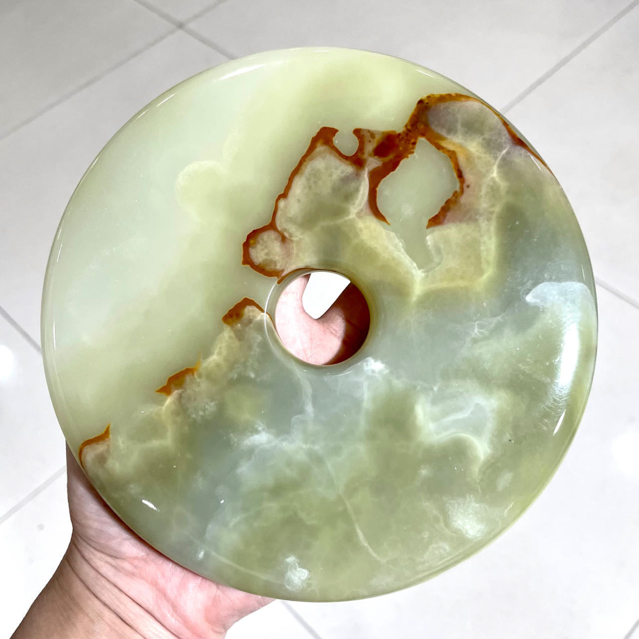 1 Count Jade Donut Crystal 16CM Xiu Yan Jade With Wood Stand Healing Crystal Home Decoration From IG Crystal