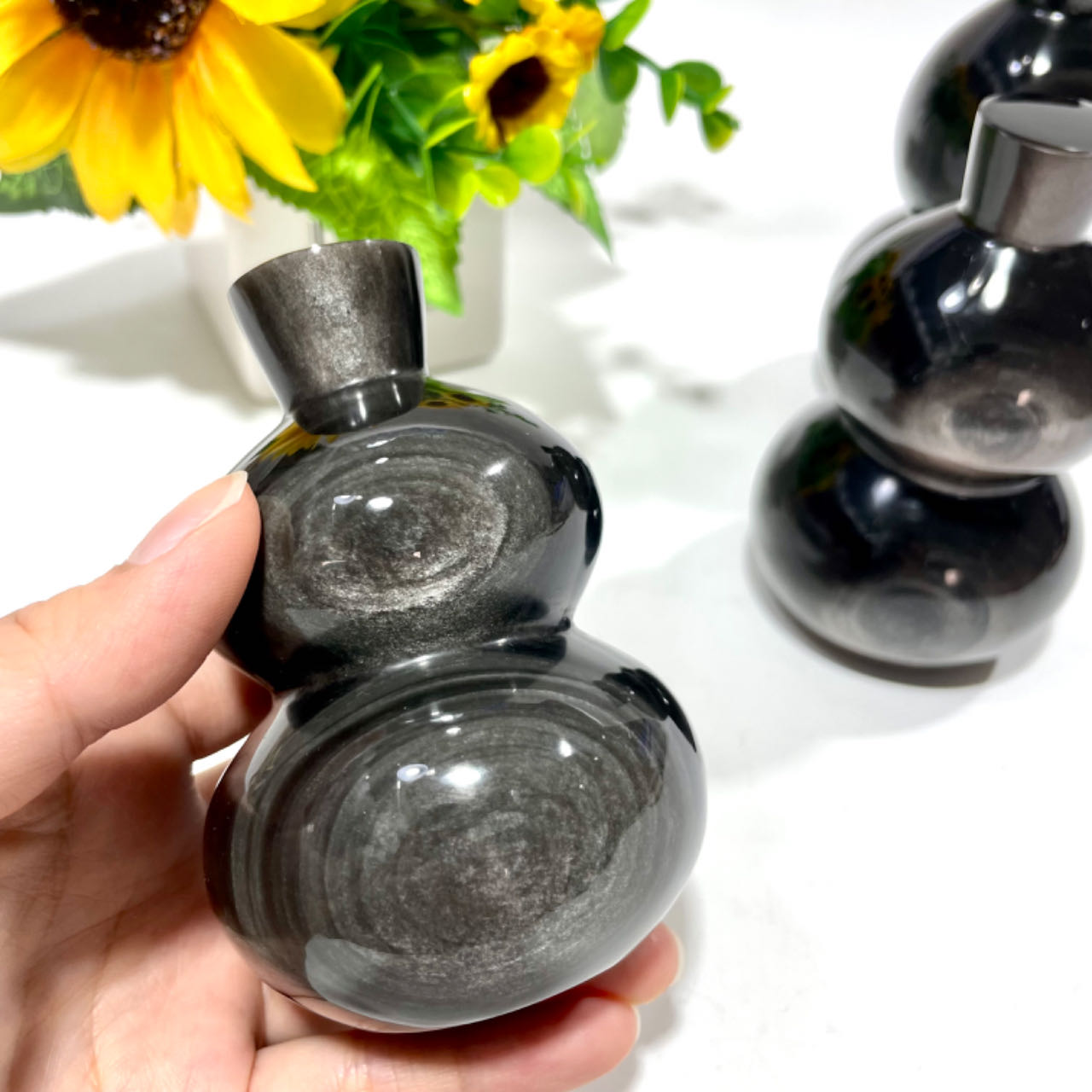 1 Count Silver Obsidian Gourd Calabash Crystal Carving Healing Crystal Gem Reiki Healing Home Decor Crystal Jewelry Shop Pretty Crystals From IG Crystal