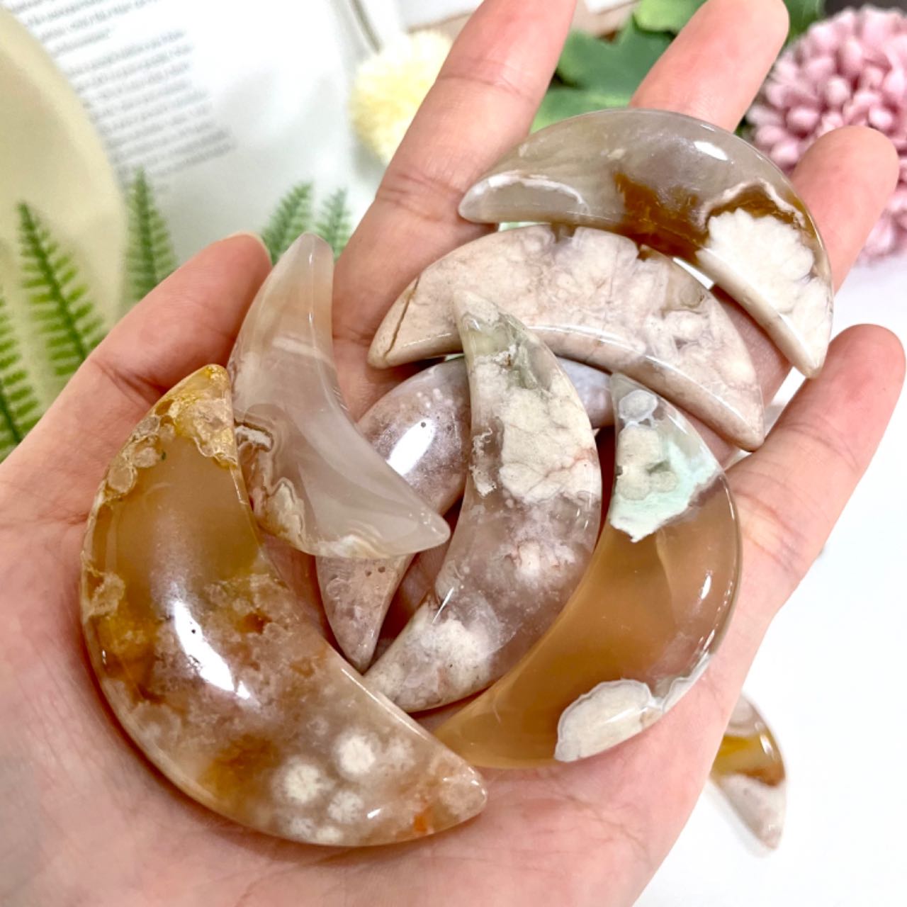 Pink Flower Agate Moon Stochastic 10PCS Healing Stone From IG Crystal