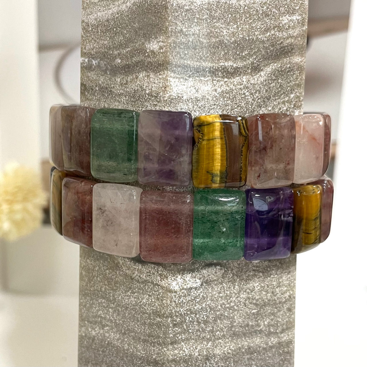 2PCS Set Square Crystal Bracelets Black Flower Agate Pink Flower Agate Green Flower Agate Fire Quartz Yellow Tiger Eyes Amethyst Healing Stone From IG Crystal