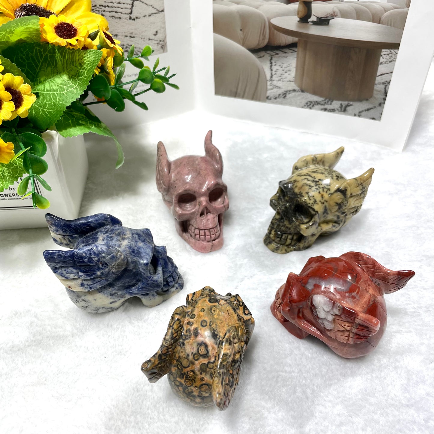 1 Count Different Materials Skull With Wings Crystal Carvings Sodalite Red Jasper Floriated Jasper Leopard Skin Jasper Rohdnite Healing Stones Natural Stone Chakra Balancing Reiki Home Office Decor From IG Crystal