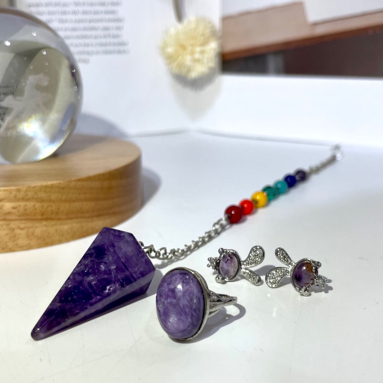 Crystal Necklace Ring Earrings Set Amethyst Clear Quartz Rose Quartz Charoite From IG Crystal