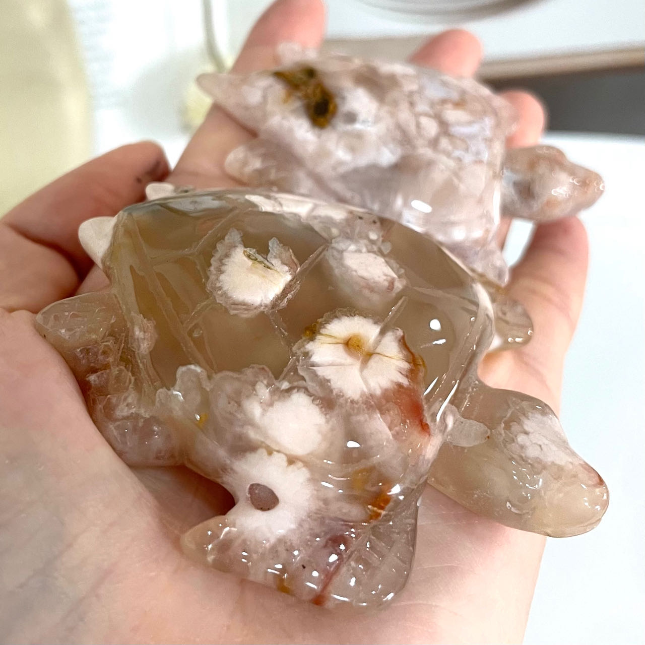 2PCS Pink Flower Agate Tortoise Crystal about 300g Healing Stone Home Decoration From IG Crystal