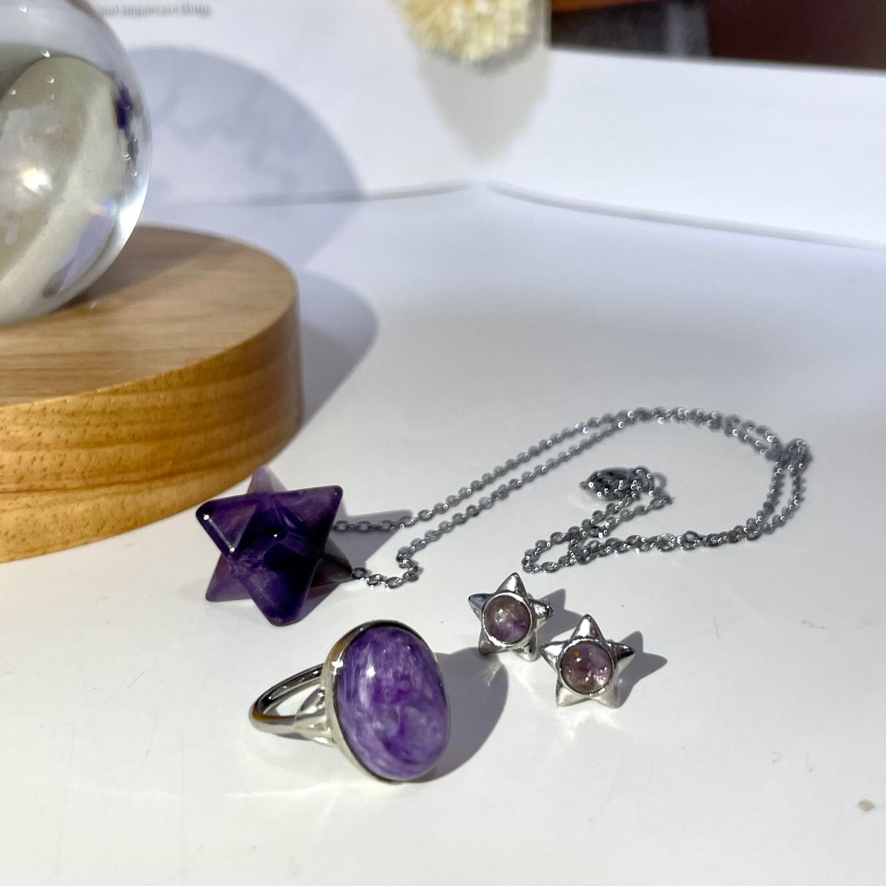 Crystal Necklace Ring Earrings Set Amethyst Clear Quartz Rose Quartz Charoite From IG Crystal