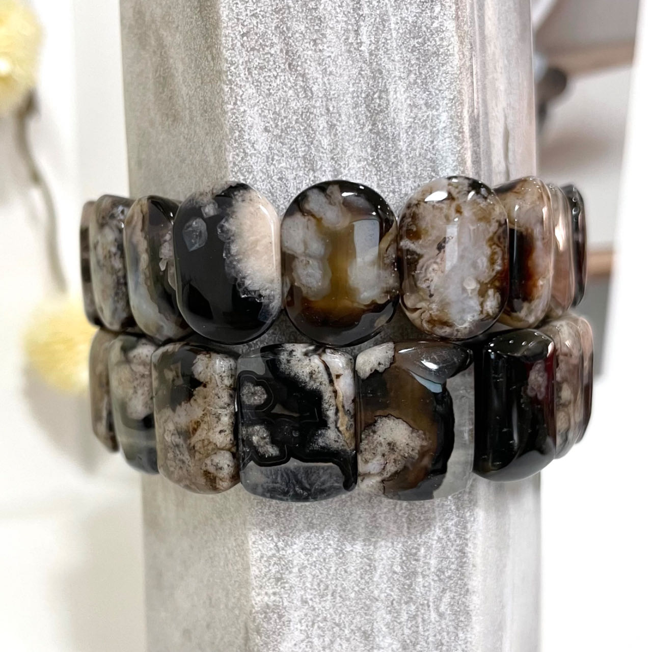 2PCS Set Square Crystal Bracelets Black Flower Agate Pink Flower Agate Green Flower Agate Fire Quartz Yellow Tiger Eyes Amethyst Healing Stone From IG Crystal