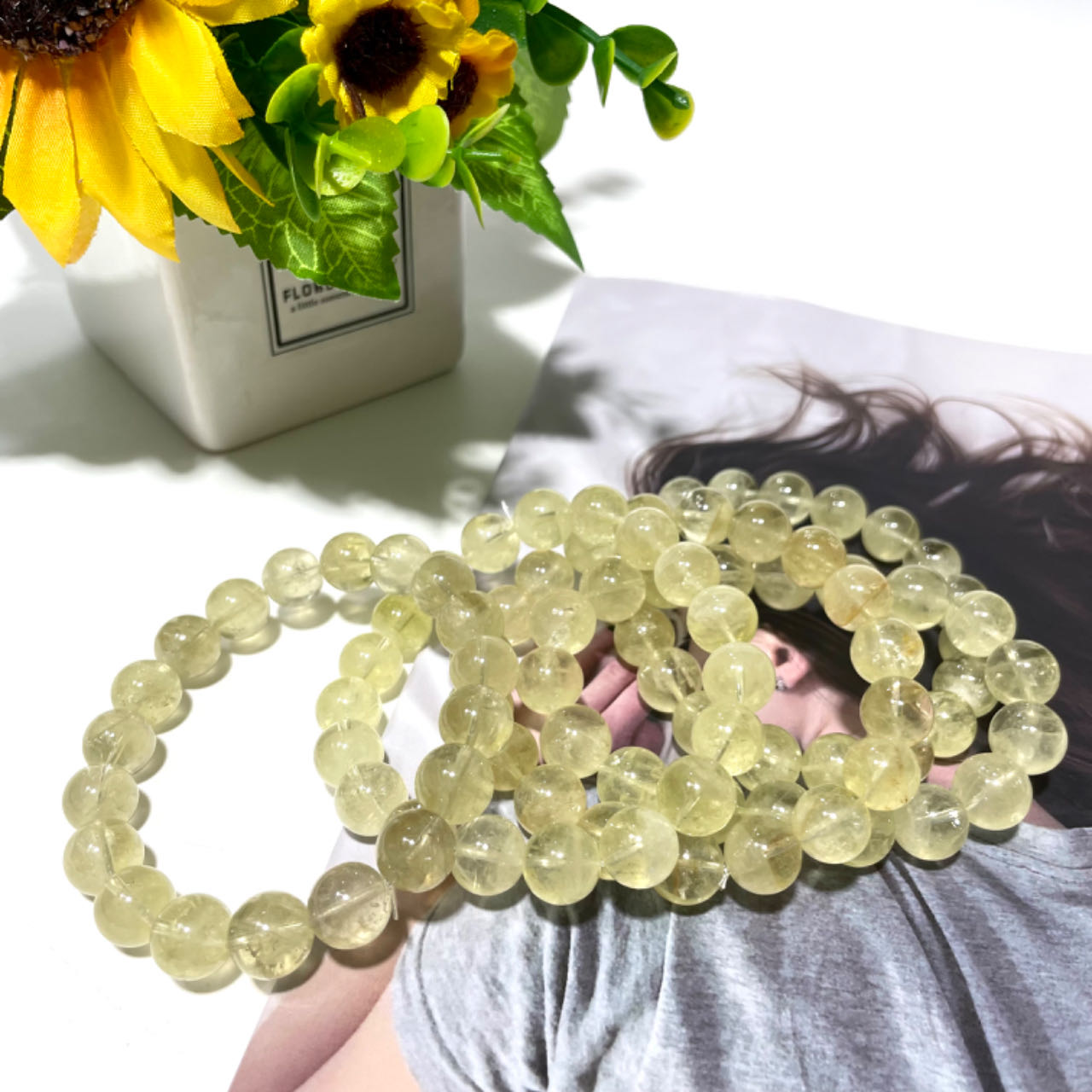 2 Counts 11mm Natural Lemon Quartz Gemstone, Beaded Stretchable Unisex Bracelet, Stretch Jewelry for Men Women, Handmade, Bohemian, Birthstone Chakra Stones, Worry Healing Bracelets From IG Crystal