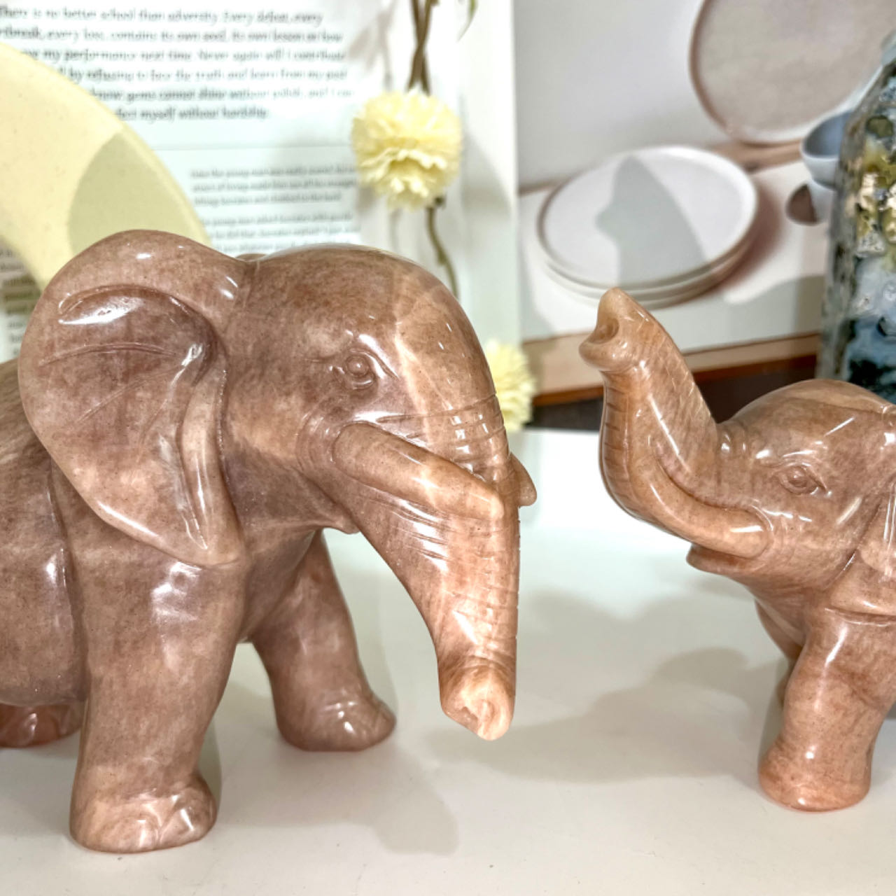 Hand-Carved Natural Orange Moonstone Elephant Crystal Statue From IG Crystal