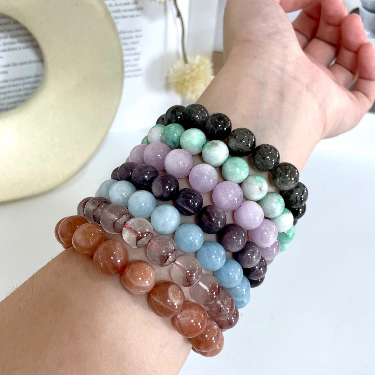2 / 7PCS Crystal Bracelets Set Lasionite Purple Mica Morganite Black Rutile  Red Pyramid Kunzite Sunstone From IG Crystal