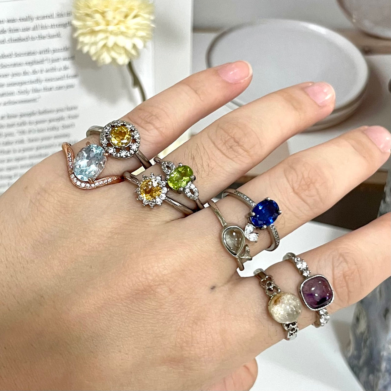 Stochastic 2PCS Rings Citrine Green Rutile Clear Quartz Rose Quartz Prehnite Ocean Jasper Larimar Amazonite Peridot Amethyst From IG Crystal