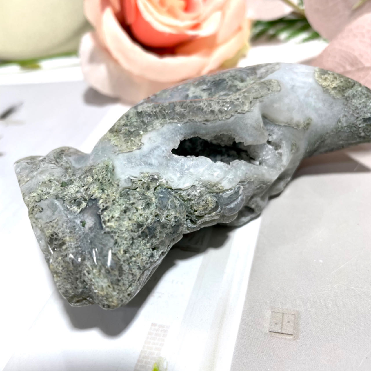 1~2 Counts Moss Agate Moon Face Crystal Healing Stone Home Decoration From IG Crystal