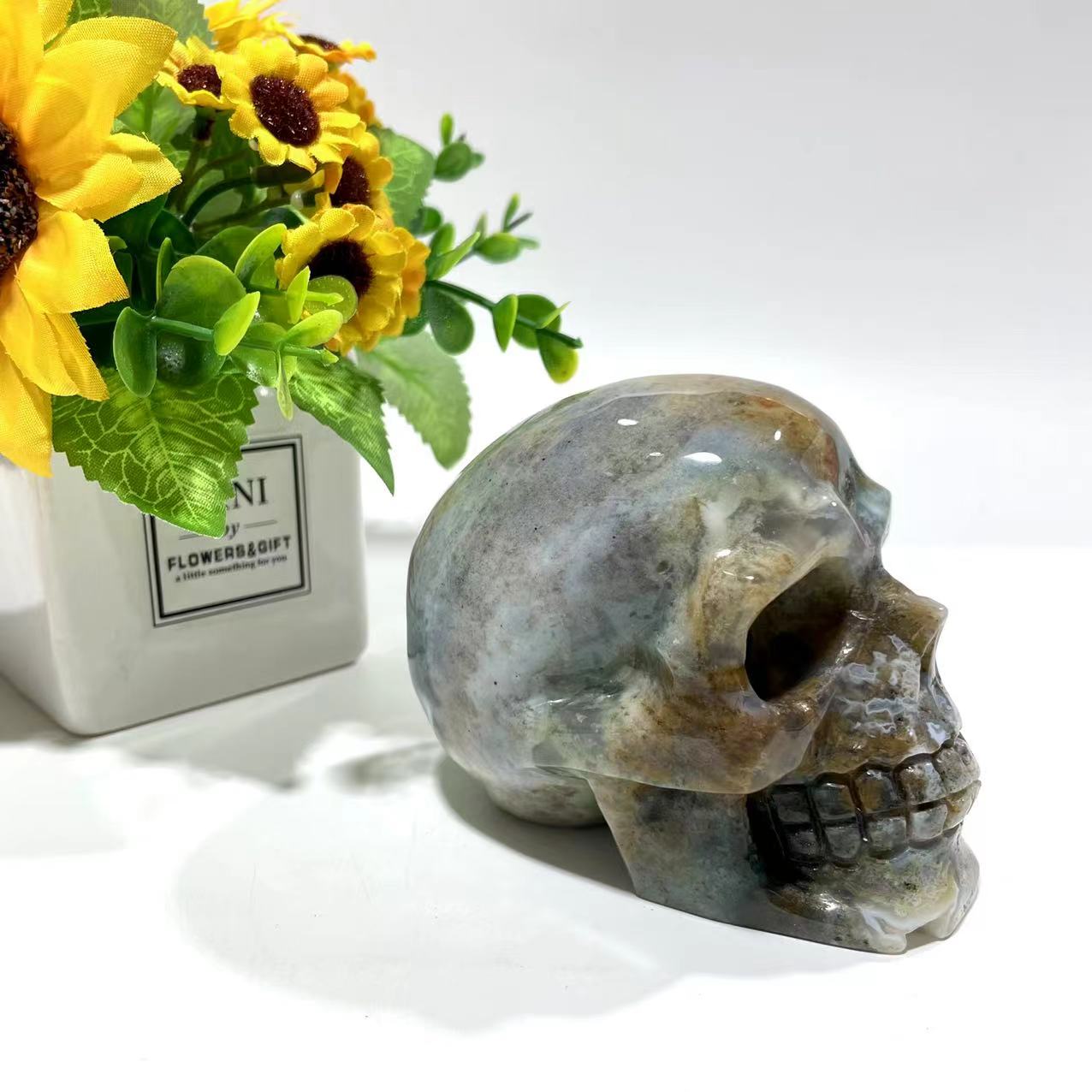 1 Count Moss Agate Skull Crystal Carving Natural Stone Gem Mining Chakra Balancing Reiki Healing Crystal Mystery Crystal Display Crystal Shopping Online Home Office Decor From IG Crystal