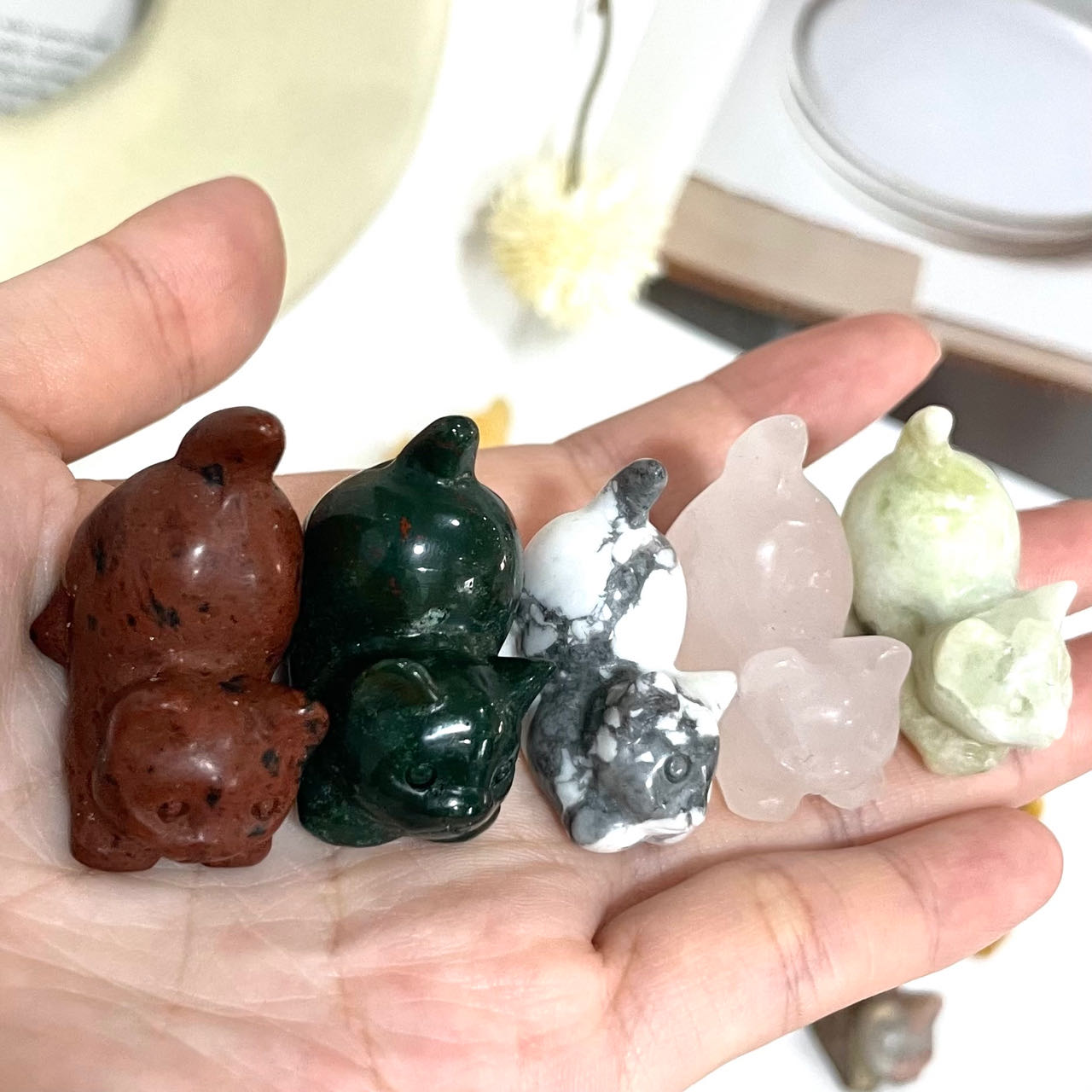 6PCS Different Maerail Small Cat Cute Cat Crystal Rose Quartz Clear Quartz Kiwi Jasper Sodalite Amethyst Opalite Unakite Healing Crystal From IG Crystal