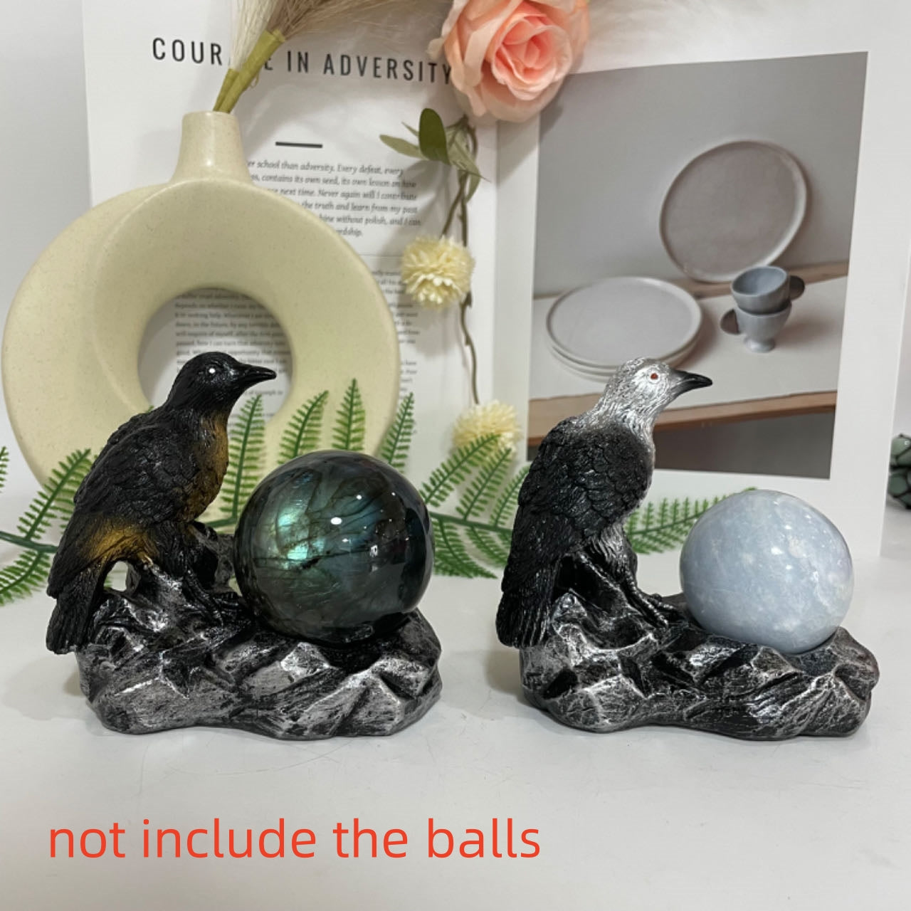 2PCS Crow Stand Black Silver Healing Stone Home Decoration For Crystal Ball From IG Crystal