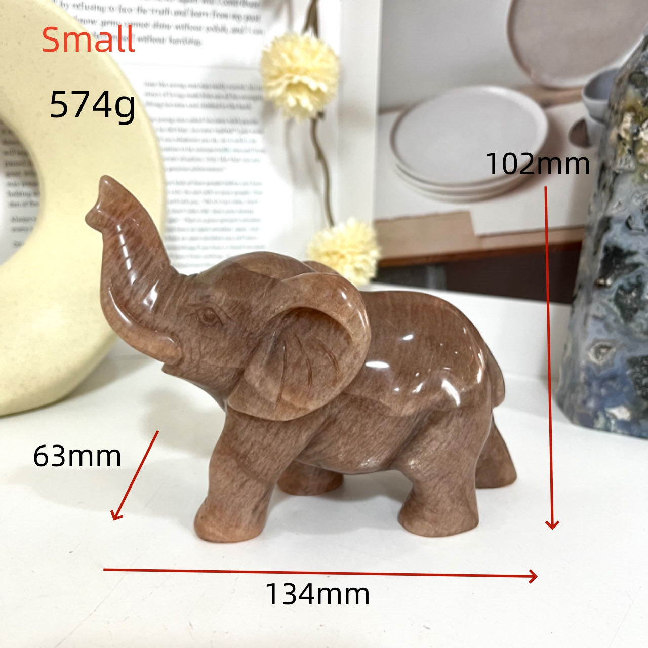 Hand-Carved Natural Orange Moonstone Elephant Crystal Statue From IG Crystal