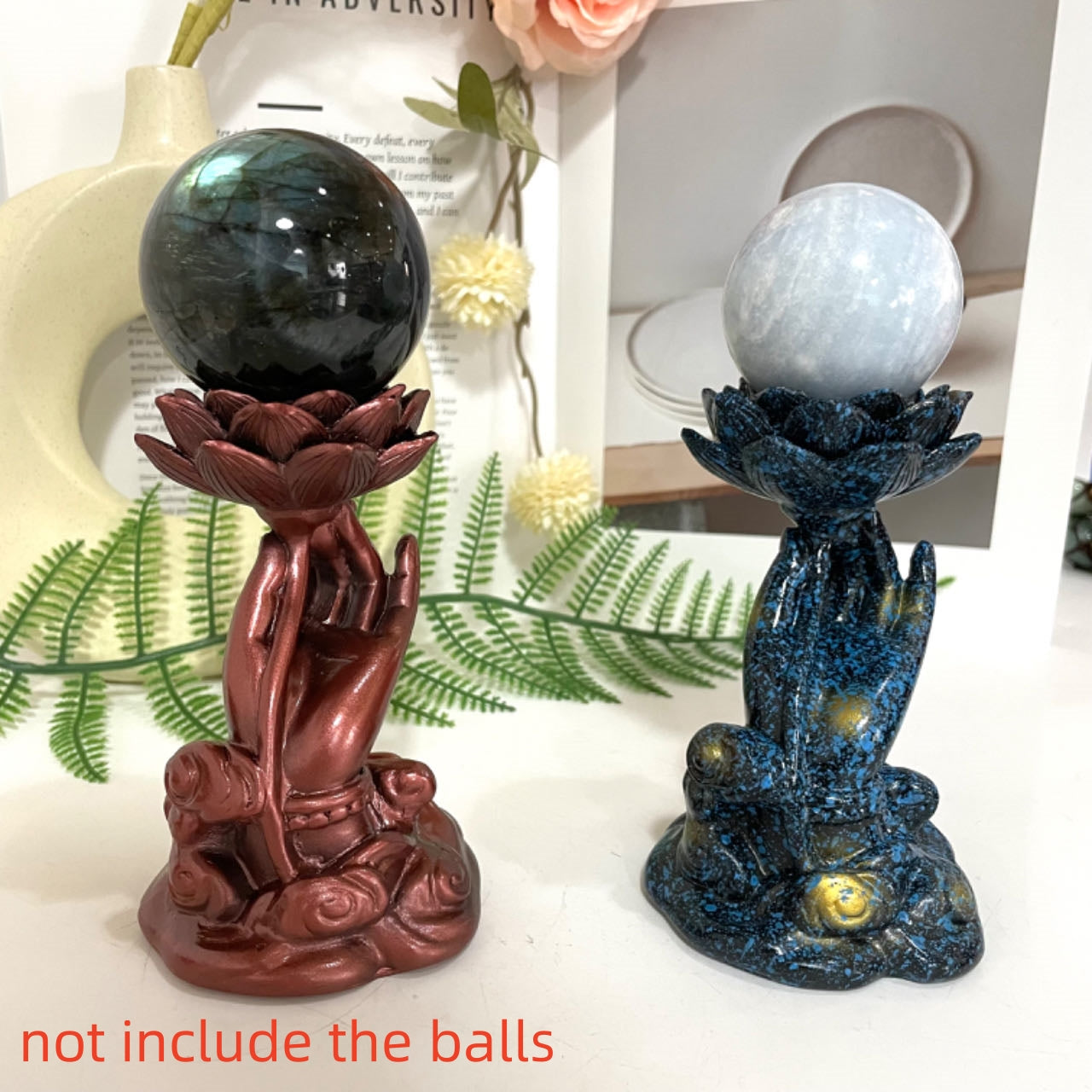 2PCS Buddha Hand Lotus Stand Rosiness Blue Healing Stone Home Decoration For Crystal Ball From IG Crystal