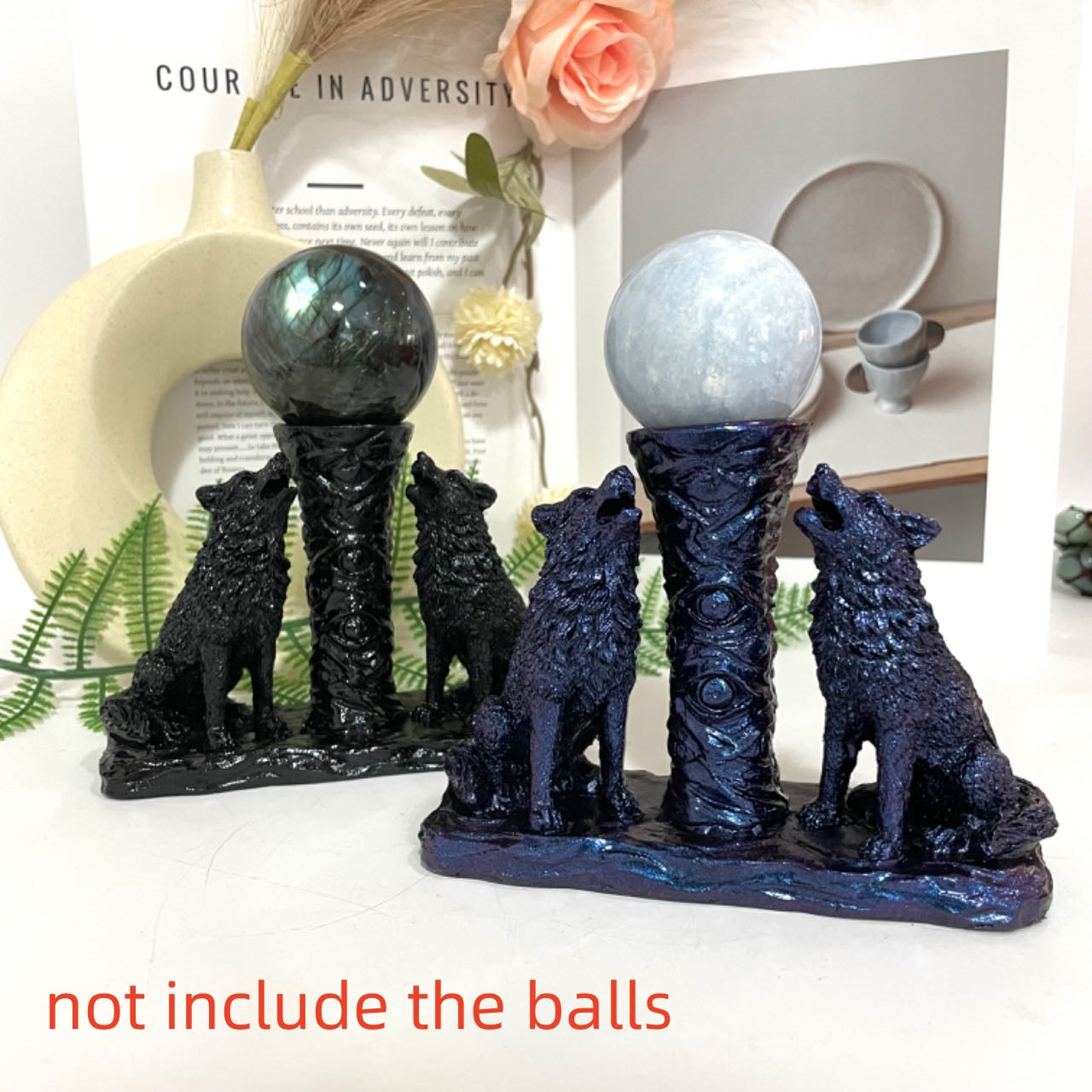 2PCS Two Wolf Stand Black Blue Healing Stone Home Decoration For Crystal Ball From IG Crystal