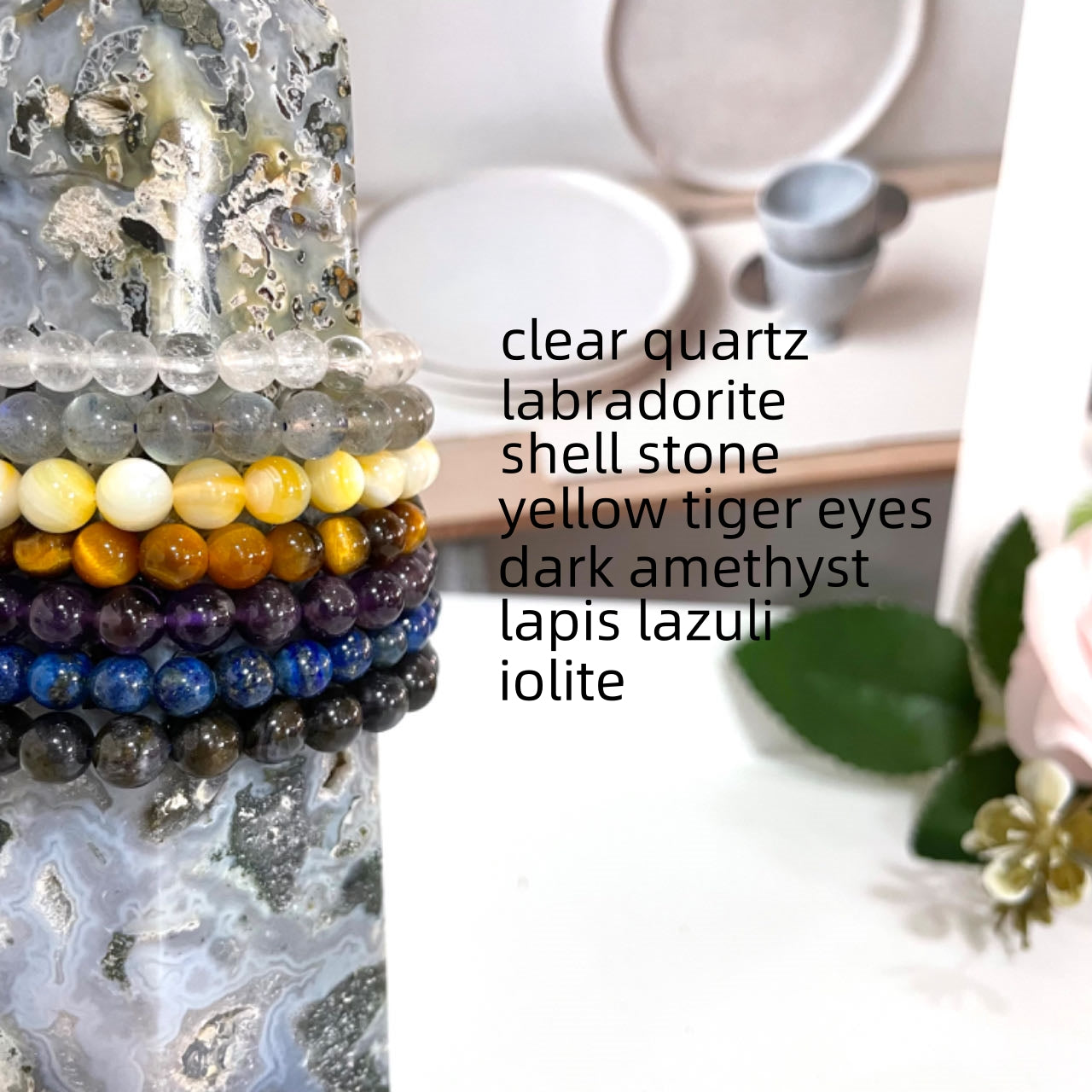 7PCS Crystal Bracelets Set Clear Quartz Labradorite Shell Stone Yellow Tiger Eyes Dark Amethyst Lapis Lazuli Iolite From IG Crystal
