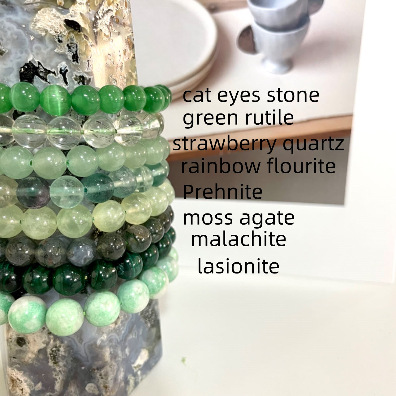 8PCS Green Crystal Bracelets Set  Cat Eyes Stone Green Rutile Strawberry Quartz Rainbow Flourite Prehnite Moss Agate Malachite Lasionite From IG Crystal