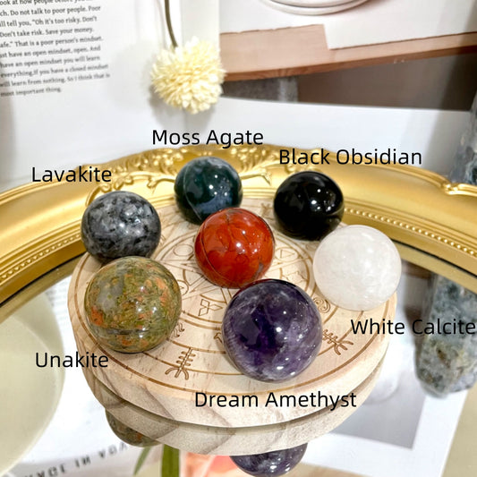 7PCS 3CM Crystal Balls With Wood Stand Set White Calcite Moss Agate Dream Amethyst Unakite Red Jasper Black Obsidian Lavakite From IG Crystal