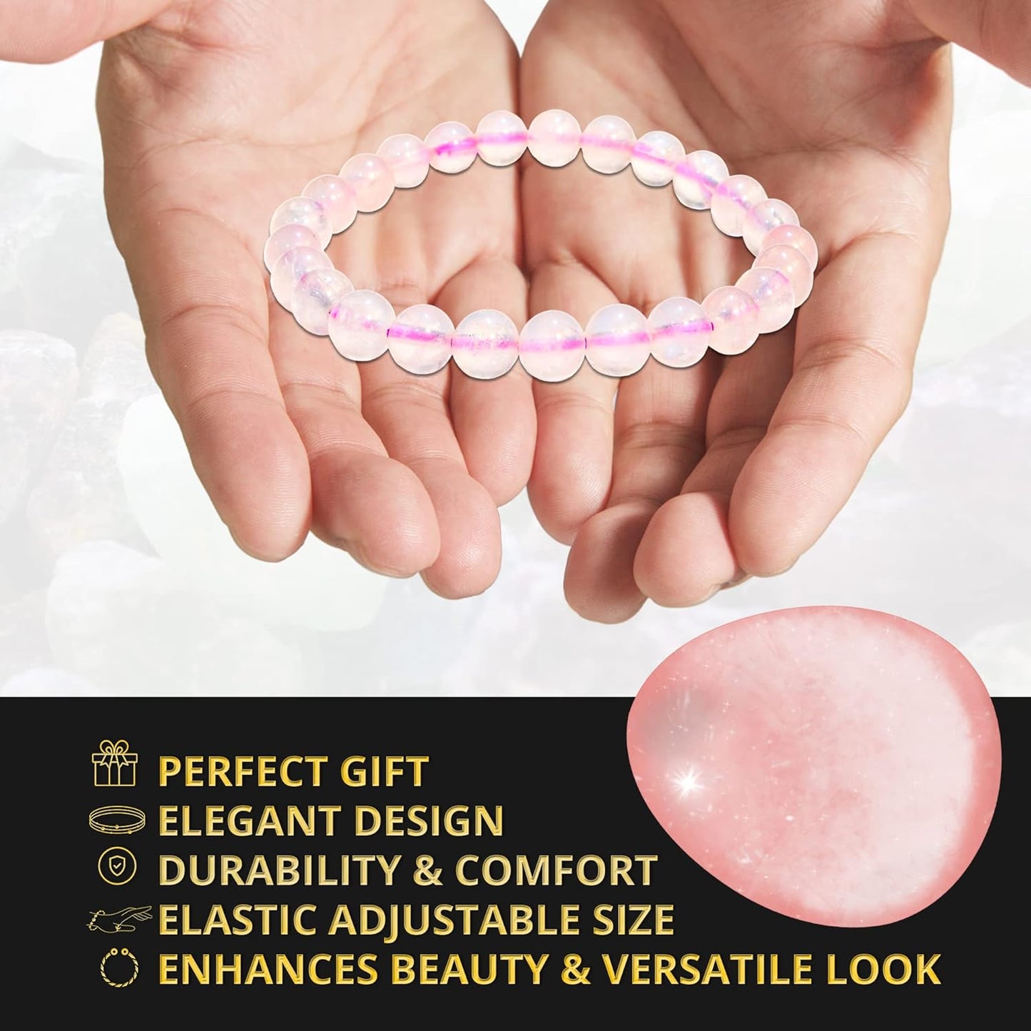 6 Counts Rose Quartz Bead Bracelet – Bracelets for Women, Men And Teens Girls Gifts – 8mm Round Beaded Bracelets – Unisex Elastic Stretchy Gemstones Bracelet Handmade Reiki Mens Bracelet From IG Crystal