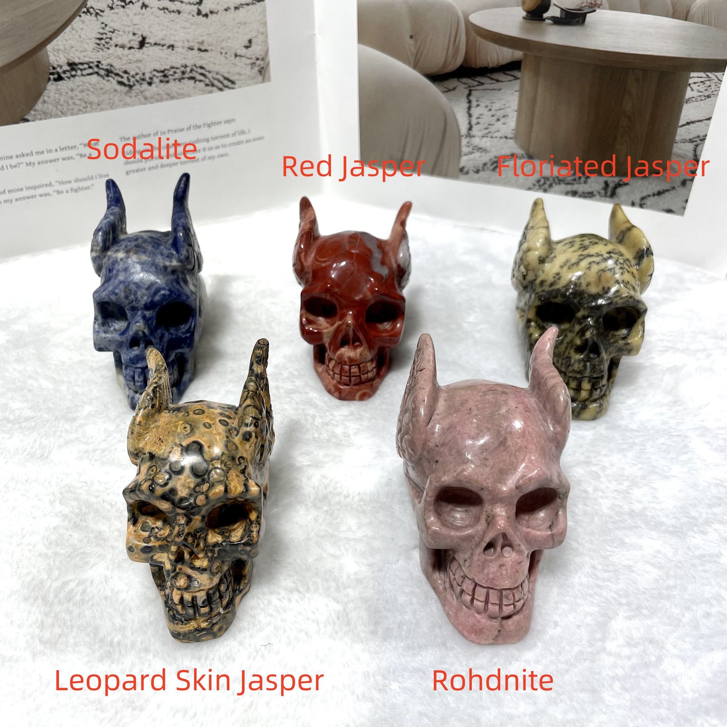 1 Count Different Materials Skull With Wings Crystal Carvings Sodalite Red Jasper Floriated Jasper Leopard Skin Jasper Rohdnite Healing Stones Natural Stone Chakra Balancing Reiki Home Office Decor From IG Crystal
