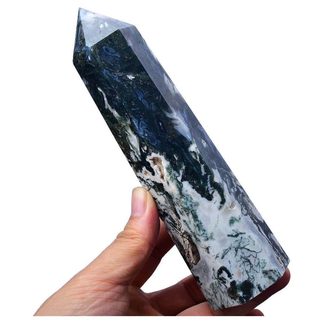 Large Moss Agate Crystal Tower Healing Crystal Wand for Spiritual Use Hexagonal Point Reiki Chakra Gemstone Home Decor From IG Crystal