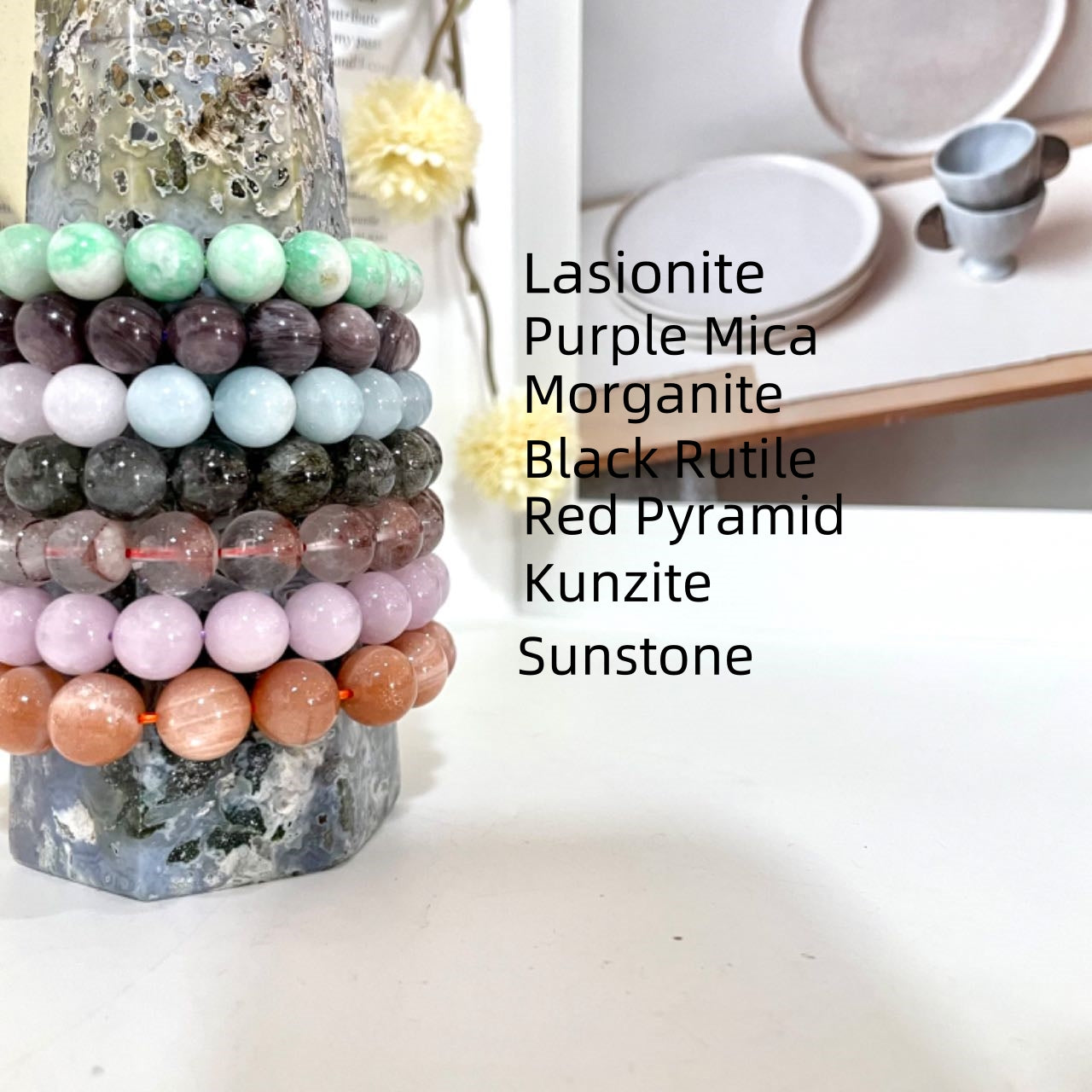2 / 7PCS Crystal Bracelets Set Lasionite Purple Mica Morganite Black Rutile  Red Pyramid Kunzite Sunstone From IG Crystal