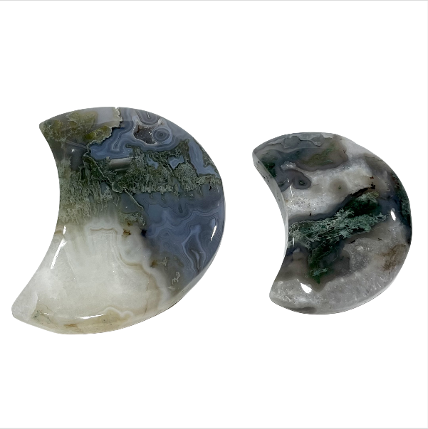 Moss Agate Moon Shape Crystal Natural Stone Gem Mining Chakra Balancing Reiki Healing Crystal Mystery Crystal Display Crystal Shopping Online Home Office Decor From IG Crystal