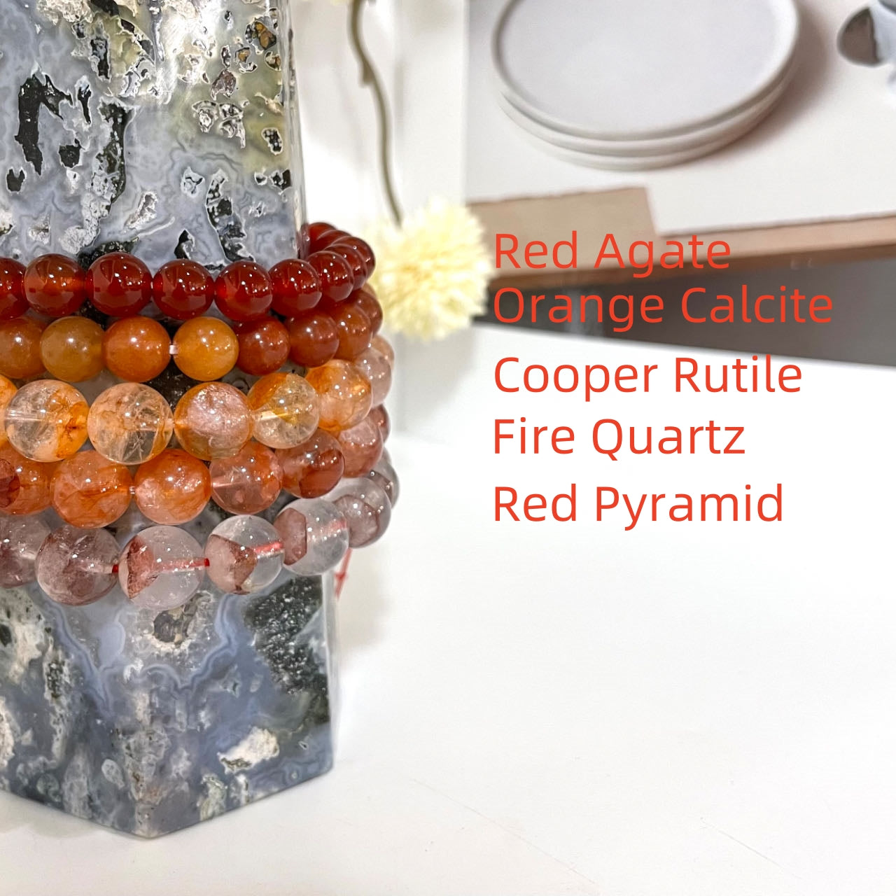 5PCS Red Crystal Bracelets Set Morganite Citrine Cooper Rutile Fire Quartz Red Pyramid From IG Crystal