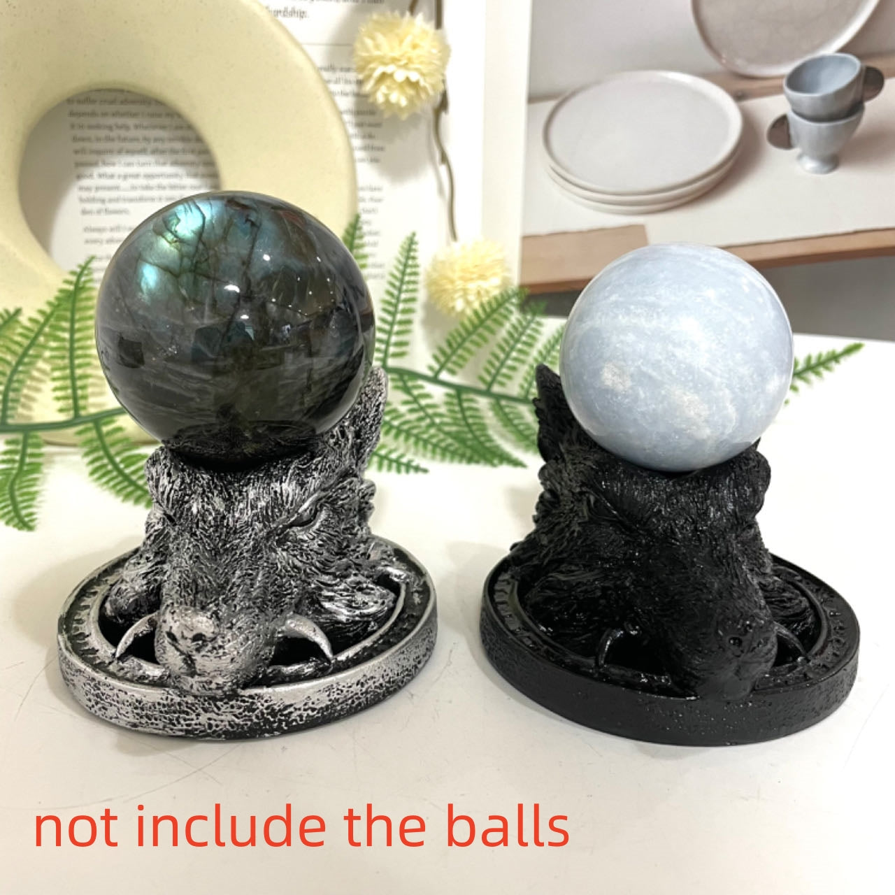 2PCS Wolf Head Stand Black Silver Healing Stone Home Decoration For Crystal Ball From IG Crystal