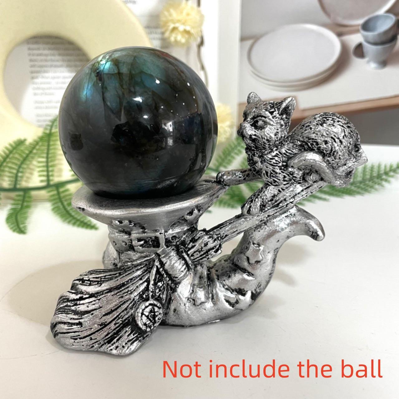 2PCS Broom Cat Stand Silver Healing Stone Home Decoration For Crystal Ball From IG Crystal