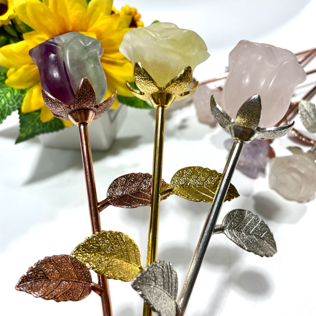 3 Counts Fluorite Rose Crystal With Golden Silvery Leaves Healing Crystal Gem Reiki Healing Home Decor Crystal Jewelry Shop Pretty Crystals From IG Crystal