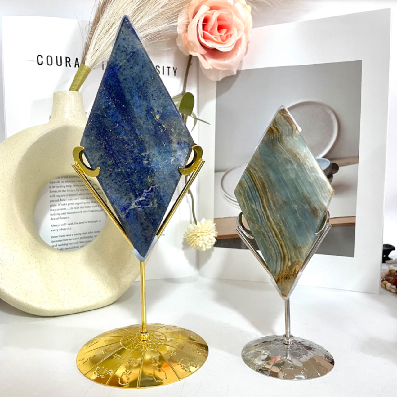 Rhombus Blue Onyx Crazy Lace Agate Blue Apatite Lapis Lazuli Crystal With Stand Set Rhomboid Shaped Stone Decorative Healing Crystal Slices Office Home Decor Reiki Healing Gifts From IG Crystal