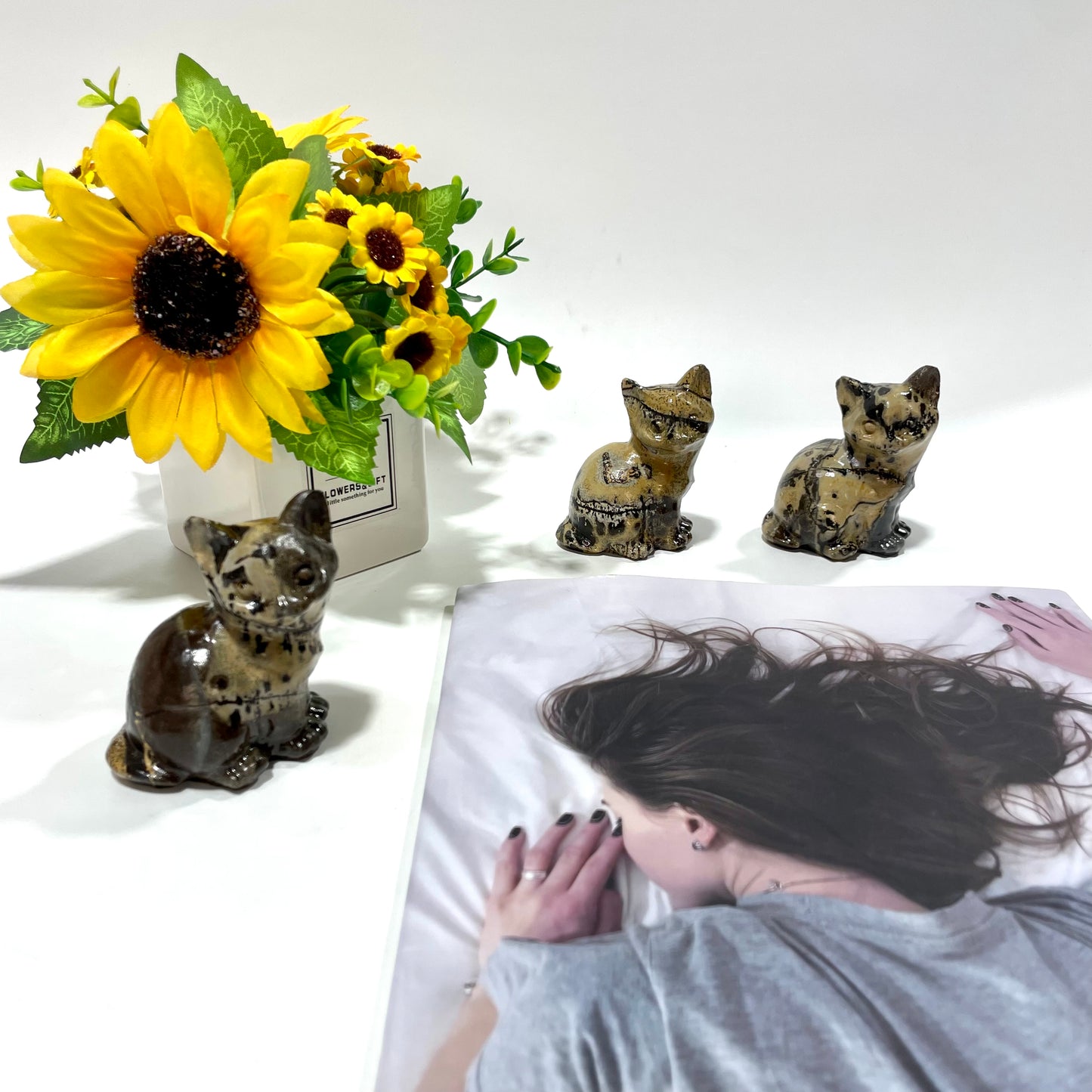 2 Counts Picture Jasper Cute Cat Crystal Carving Healing Stones Natural Stone Chakra Balancing Reiki Home Office Decor From IG Crystal