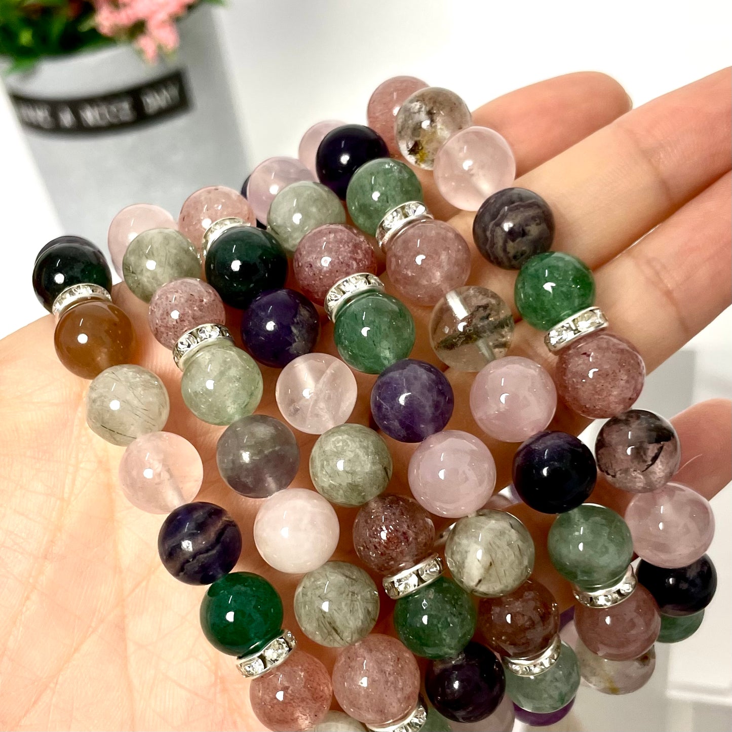 3 Counts Crystal Bracelets 9~10mm Amethyst Rose Quartz Rutile Strawberry Quartz Fluorite Natural Crystals Healing Crystals Bracelet for Women and Men Teens Crystal Jewelry Shop Pretty Crystals From IG Crystal
