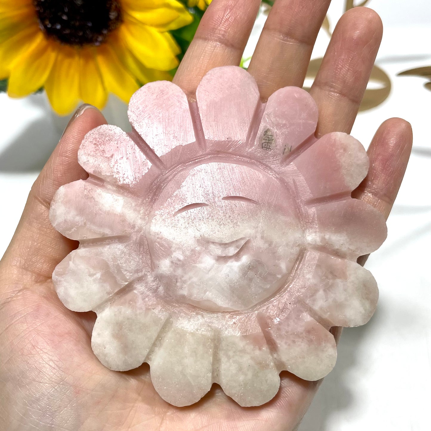 1 Count Pink Opal Smile Sunflower Crystal Carving Desk Decoration With Stand Natural Stone Gem Mining Chakra Balancing Reiki Healing Crystal Mystery Crystal Display Crystal Shopping Online Home Office Decor From IG Crystal