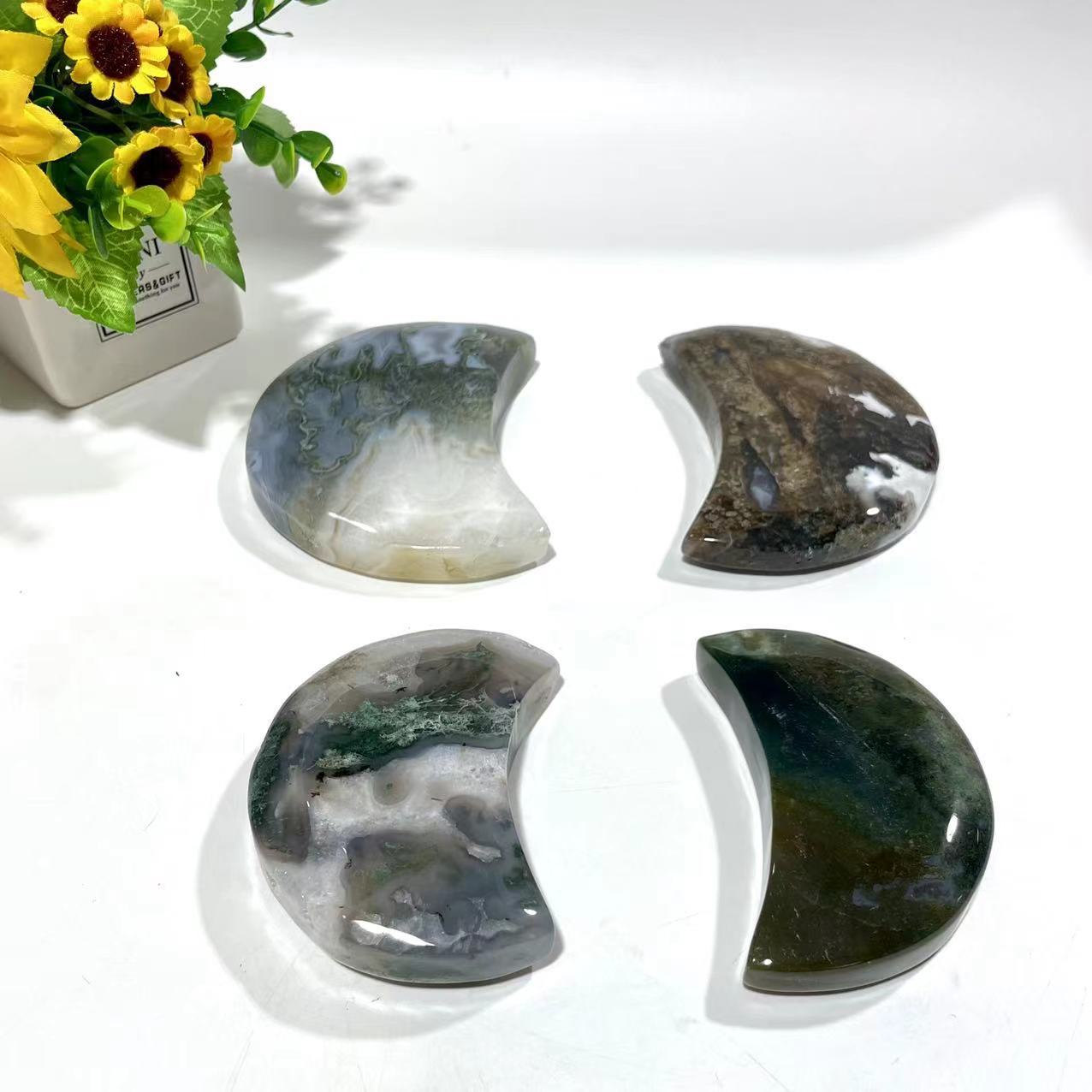 Moss Agate Moon Shape Crystal Natural Stone Gem Mining Chakra Balancing Reiki Healing Crystal Mystery Crystal Display Crystal Shopping Online Home Office Decor From IG Crystal