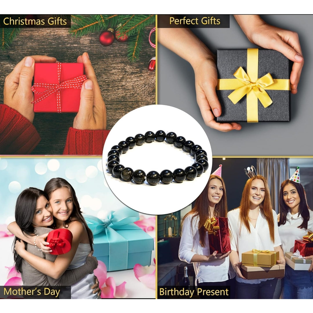 5 Counts Black Obsidian Crystal Bead Bracelet – Healing Crystal Bracelet for Women and Men – 8mm Black Beaded Bracelets for Spiritual Healing, Positive Energy – Unisex Elastic Adjustable Gemstone Bracelet From IG Crystal