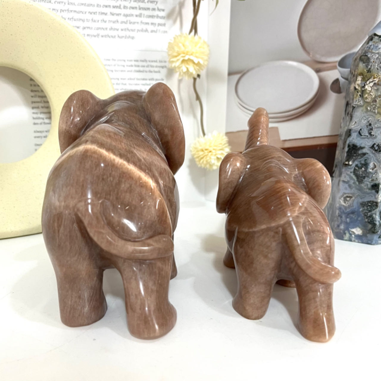 Hand-Carved Natural Orange Moonstone Elephant Crystal Statue From IG Crystal