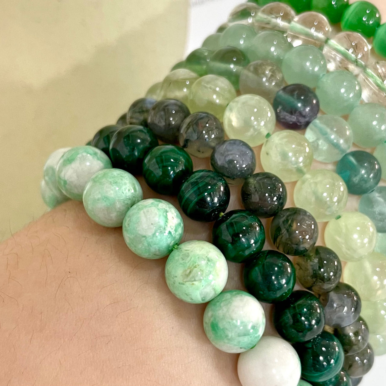 8PCS Green Crystal Bracelets Set  Cat Eyes Stone Green Rutile Strawberry Quartz Rainbow Flourite Prehnite Moss Agate Malachite Lasionite From IG Crystal