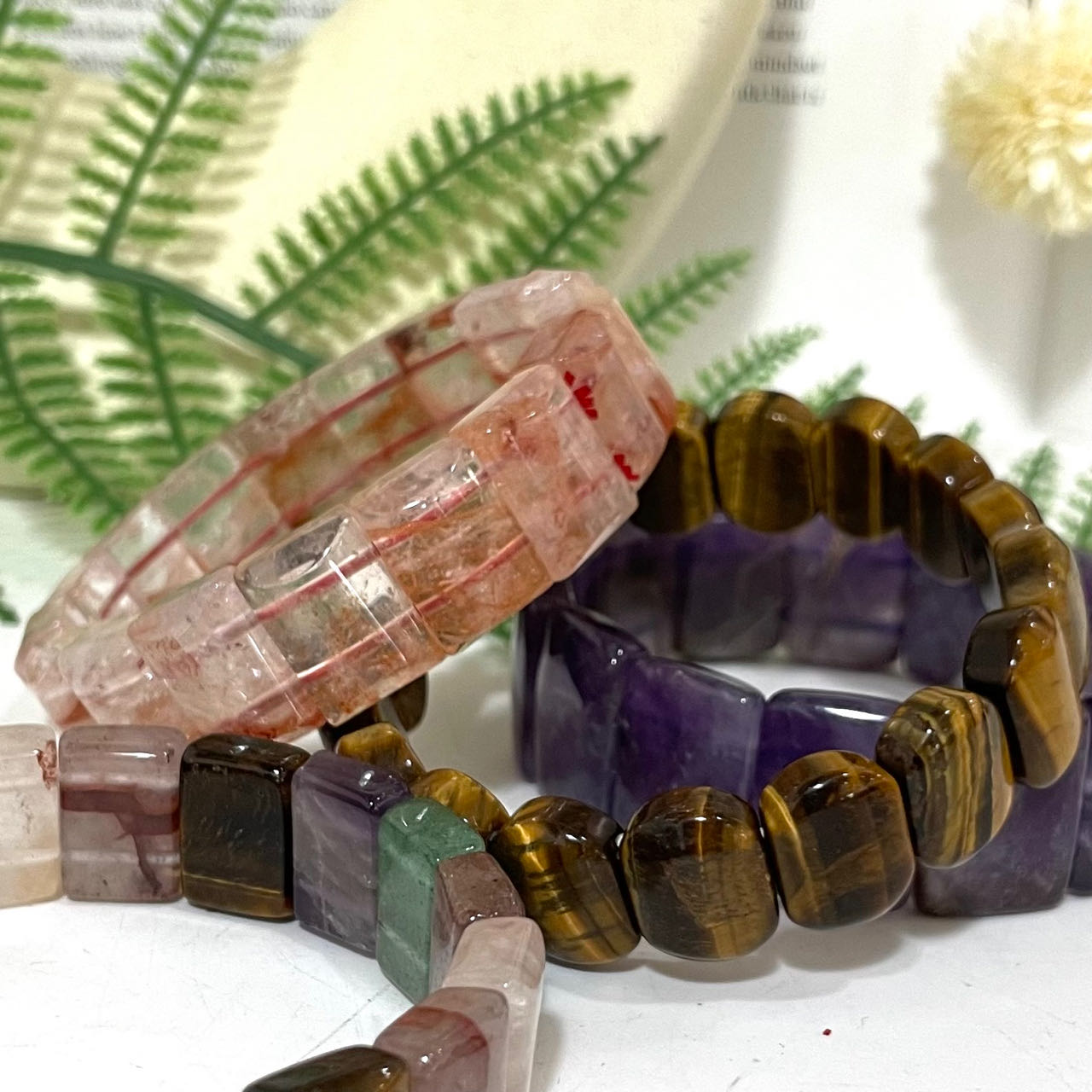 2PCS Set Square Crystal Bracelets Black Flower Agate Pink Flower Agate Green Flower Agate Fire Quartz Yellow Tiger Eyes Amethyst Healing Stone From IG Crystal
