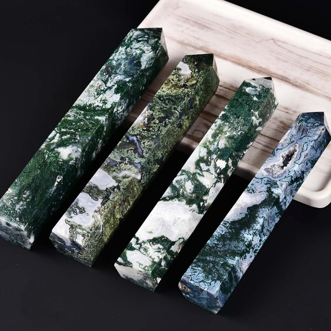 Large Moss Agate Crystal Tower Healing Crystal Wand for Spiritual Use Hexagonal Point Reiki Chakra Gemstone Home Decor From IG Crystal